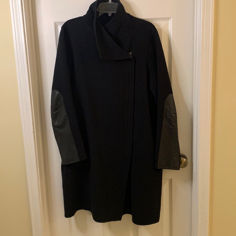 Vince size Large Black Leather Trimmed Asymmetrical Zipper Wool Coat
